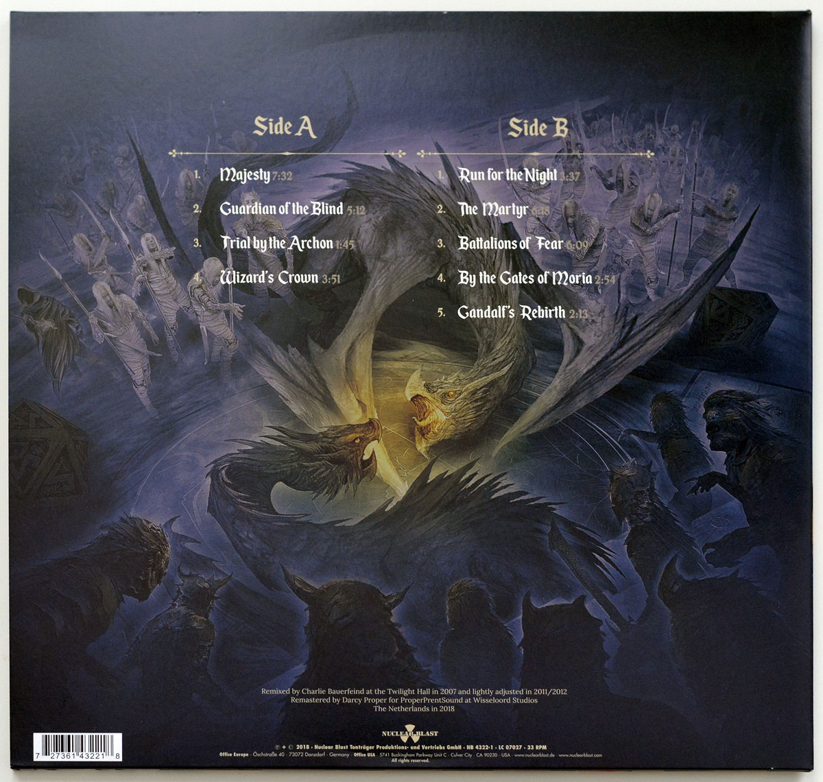 Album cover art of Blind Guardian's <em>Battalions of Fear</em>, depicting two hooded figures, warriors in battle, and a monstrous face with intense eyes in the background.